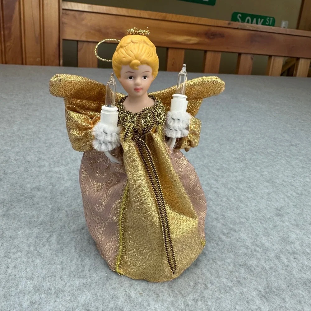 Vintage Lighted Porcelain Angel Christmas Tree Topper Gold Rose Brocade 10‎ Inch